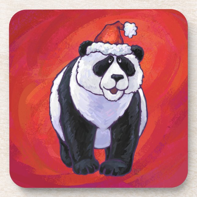 Dessous-de-verre Ours de panda à Santa Hat sur Rouge (Devant)