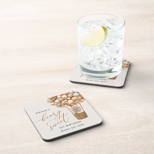 Dessous-de-verre Ours mignon, Ballons Beiges, Premier Anniversaire (Côté Droit)