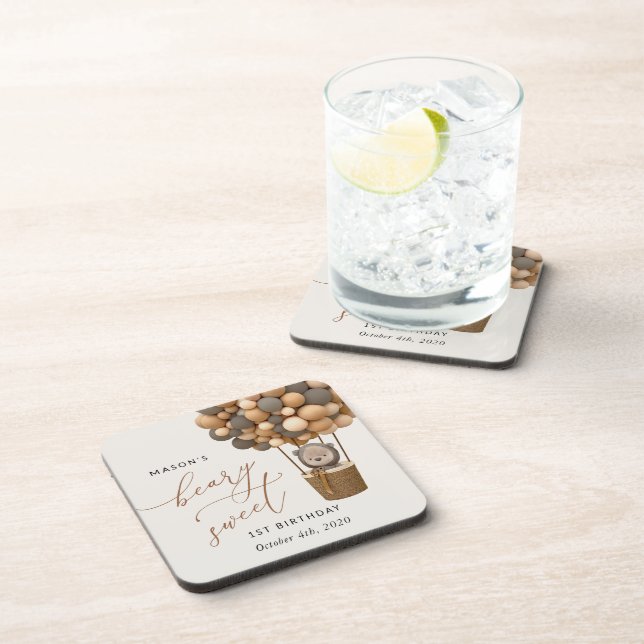 Dessous-de-verre Ours mignon, Ballons Brown, Premier anniversaire (Côté Droit)