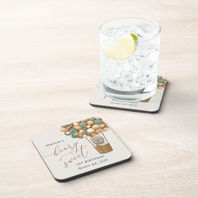 Dessous-de-verre Ours mignon, Ballons verts, Premier anniversaire (Côté Droit)