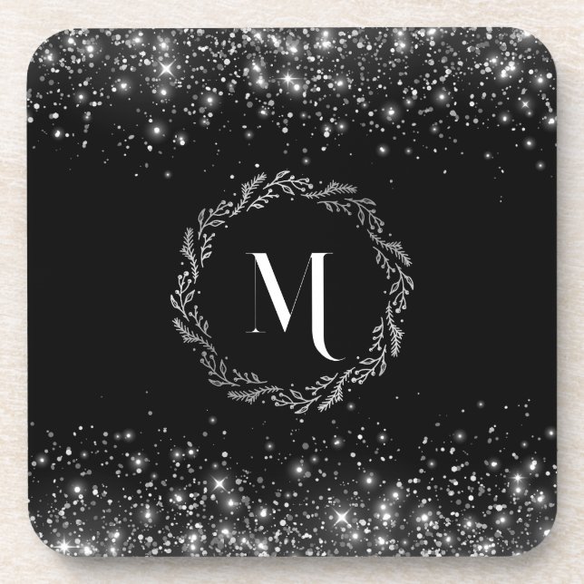 Dessous-de-verre Pailleté Argent Monogramme Noir (Devant)