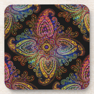 Dessous-de-verre Paisley décoratif multicolore sur fond noir