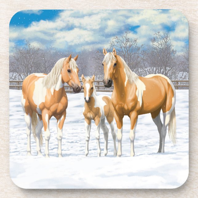Dessous-de-verre Palomino Pinto Peinture Quarter Chevaux En Neige (Devant)