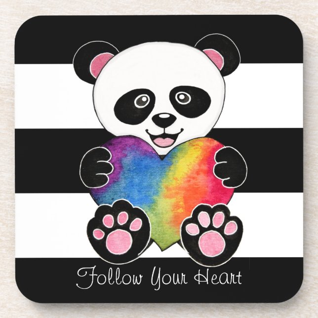 Dessous-de-verre Panda Aquarelle Cute Avec Coeur Arc En Ciel (Devant)