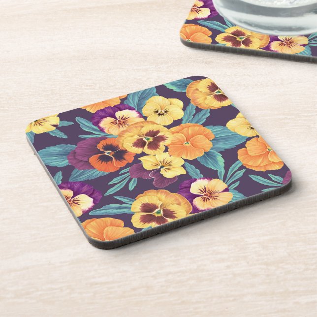 Dessous-de-verre Pansies sur violet de prune (Côté gauche)