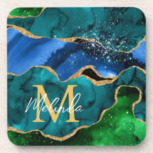 Dessous-de-verre Paon bleu et vert Faux Paillettes Agate
