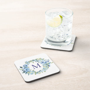 Dessous-de-verre Papier aquarelle floral botanique bleu vert monogr