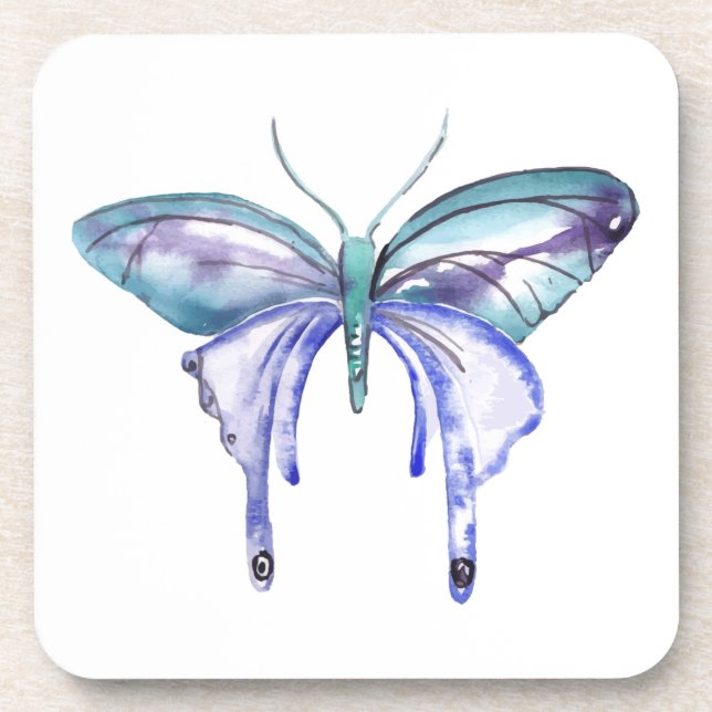 Dessous-de-verre papillon bleu aqua violet aquarelle (Devant)