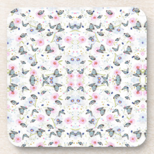 Dessous-de-verre Papillon bleu et fleurs roses à l'aquarelle vintag