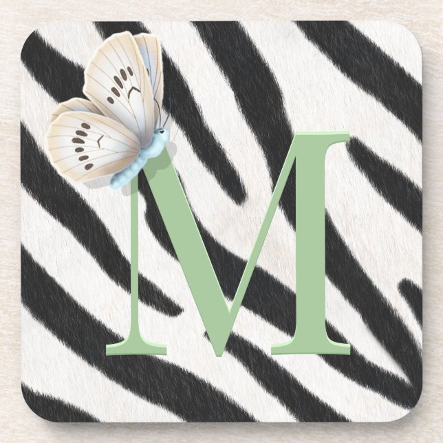 Dessous-de-verre Papillon bleu et fourrure zébrée Monogramme vert p (Devant)