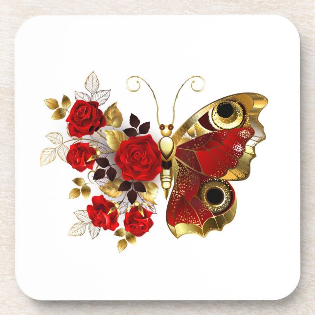 Dessous-de-verre Papillon de fleurs rouges aux roses rouges (Devant)