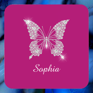 Dessous-de-verre Papillon Diamant Blanc, Nom du script, Fuchsia pro