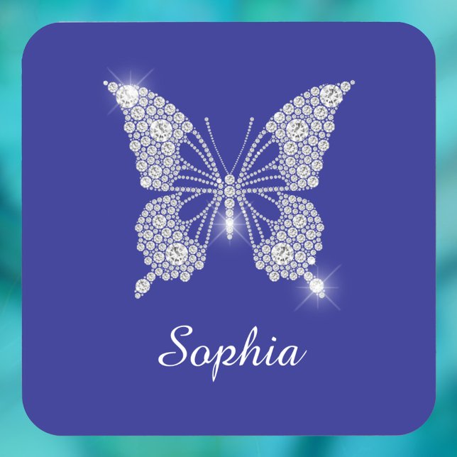 Dessous-de-verre Papillon Diamant Blanc, Nom en écriture, Bleu Prof (Créateur téléchargé)
