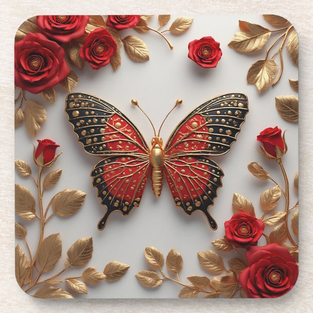Dessous-de-verre Papillon doré avec des roses rouges et des feuille (Devant)