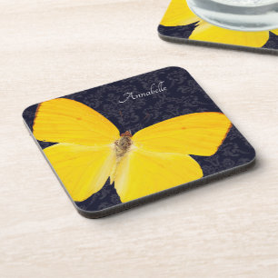 Dessous-de-verre Papillon Jaune Élégant Damassé Noir Ajouter Nom