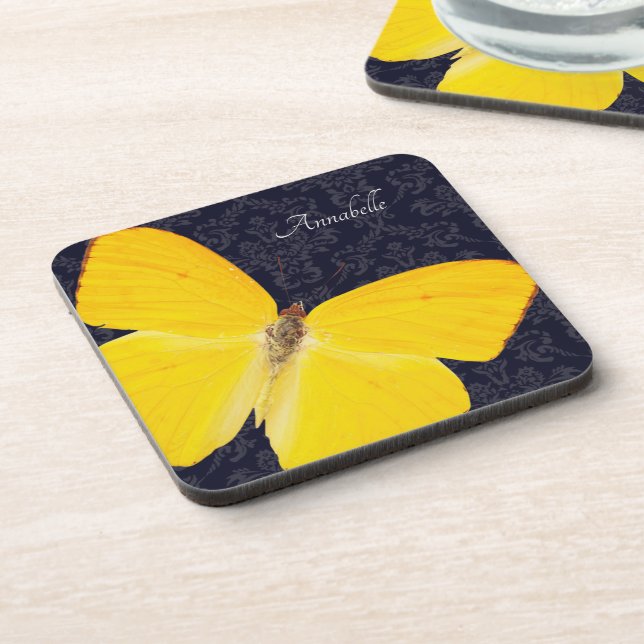 Dessous-de-verre Papillon Jaune Élégant Damassé Noir Ajouter Nom (Côté gauche)