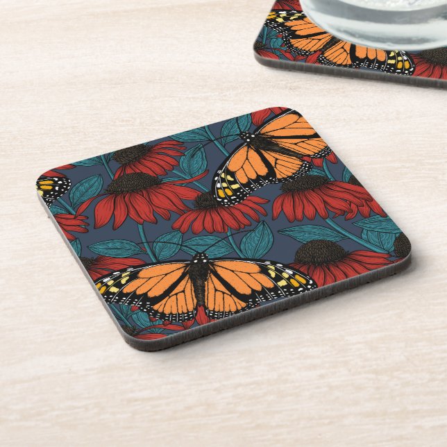 Dessous-de-verre Papillon monarque sur des fleurs rouges (Côté gauche)