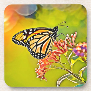 Dessous-de-verre Papillon orange sur la conception de fleurs roses