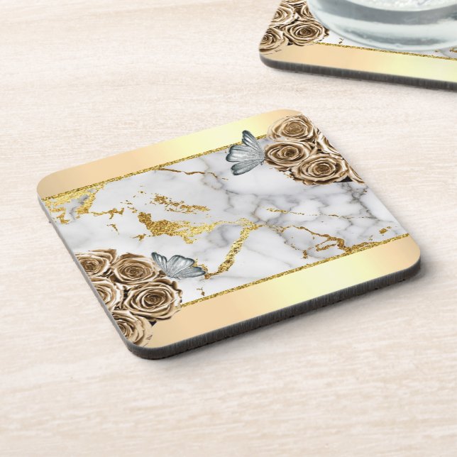 Dessous-de-verre Papillon Rose en marbre d'or (Côté gauche)