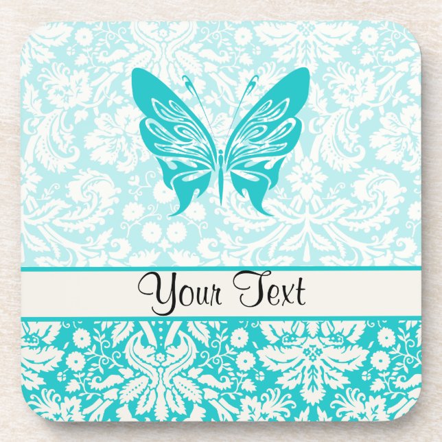 Dessous-de-verre Papillon turquoise ; Motif Damas (Devant)
