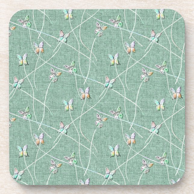 Dessous-de-verre Papillons à l'aquarelle sur fond vert menthe  (Devant)