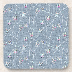 Dessous-de-verre Papillons en relief aquarelle sur lin bleu denim