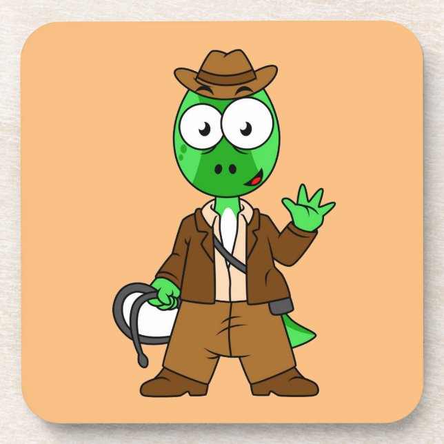 Dessous-de-verre Parasaurolophus Habillé Comme Indiana Jones. (Devant)