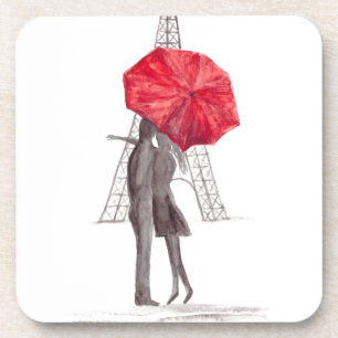 Dessous-de-verre Paris amoureux couple avec parapluie rouge