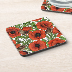 Dessous-de-verre Pavot rouge et brindilles, feuilles verts sur blan