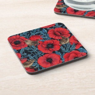 Dessous-de-verre Pavot rouge et brunes, feuilles bleus sur noir
