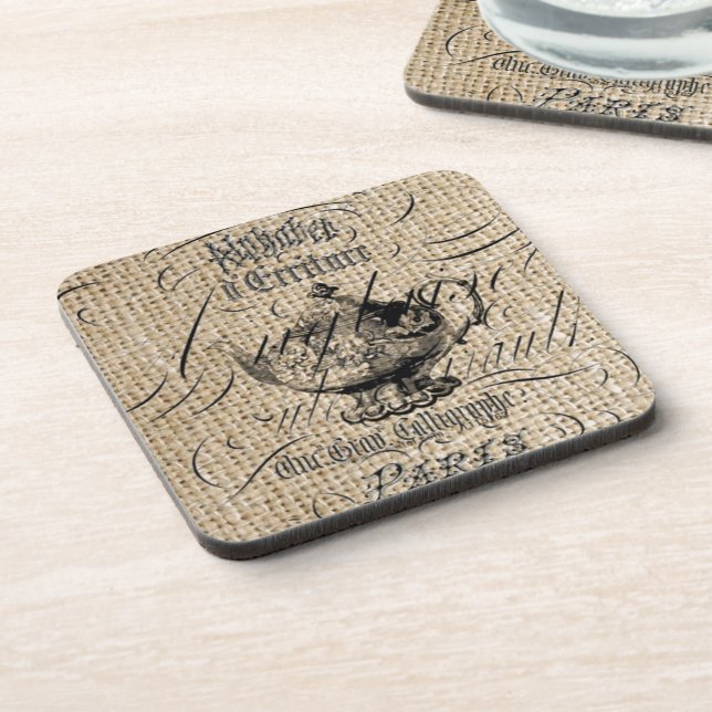 Dessous-de-verre pays français burlap scripts teapot tea party (Côté gauche)