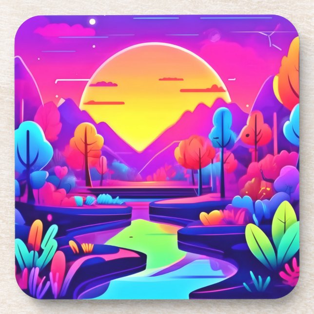 Dessous-de-verre Paysage de coucher de soleil néon (Devant)