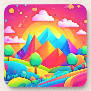 Dessous-de-verre Paysage de dessin animé arc-en-ciel vibrant