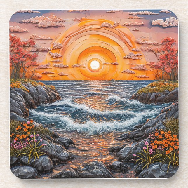 Dessous-de-verre Paysage vibrant de coucher de soleil sur l'océan (Devant)