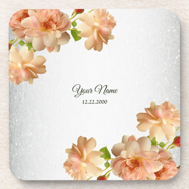 Dessous-de-verre Peach Roses Floral Silver Glitter Wedding Party (Devant)