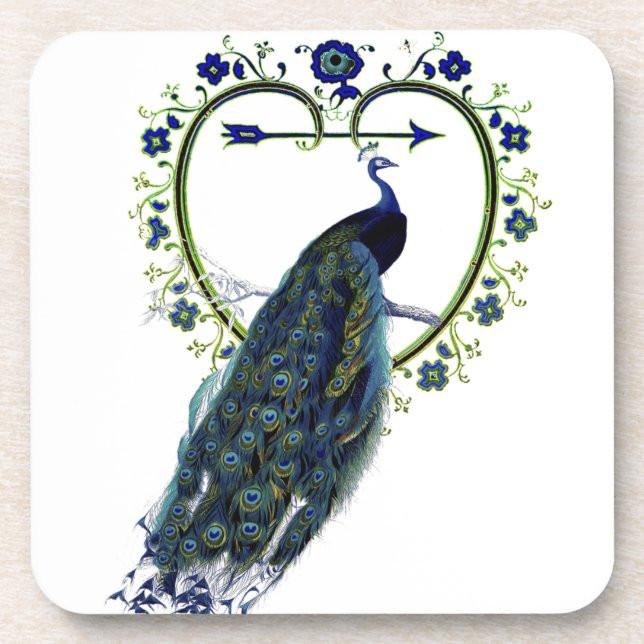 Dessous-de-verre Peacock étonnant et cadre de fleur de coeur orné (Devant)