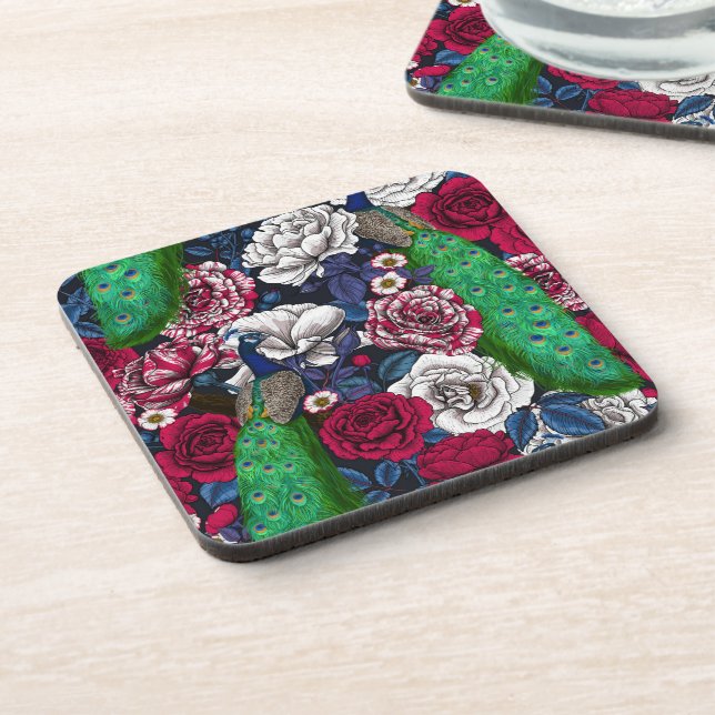 Dessous-de-verre Peacocks dans le jardin rose (Côté gauche)