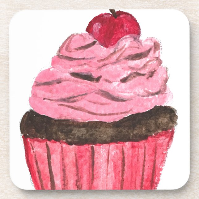 Dessous-de-verre Peinture à l'aquarelle de cupcake rose (Devant)