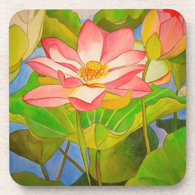 Dessous-de-verre Peinture à l'aquarelle de nénuphar rose lotus (Devant)