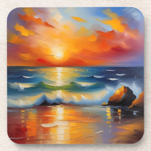 Dessous-de-verre Peinture à l'huile de couché de soleil orange sur