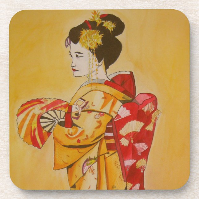 Dessous-de-verre Peinture aquarelle originale kimono or geisha (Devant)