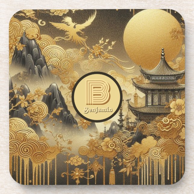 Dessous-de-verre Peinture chinoise Faux Golden Dripping Monogramme (Devant)