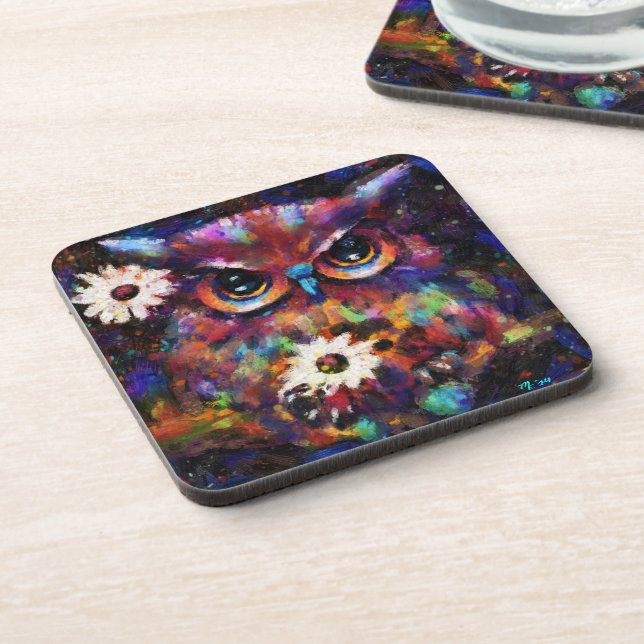 Dessous-de-verre Peinture de Chouette florale impressionniste (Côté gauche)