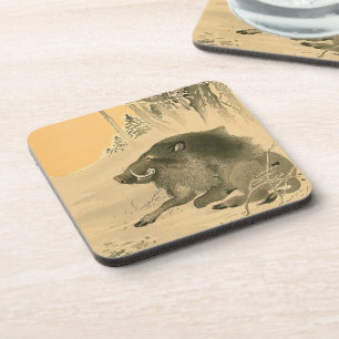 Dessous-de-verre Peinture japonaise de sanglier Cochon Année Zodiaq