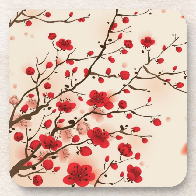 Dessous-de-verre Peinture orientale de style, fleur de prune au (Devant)