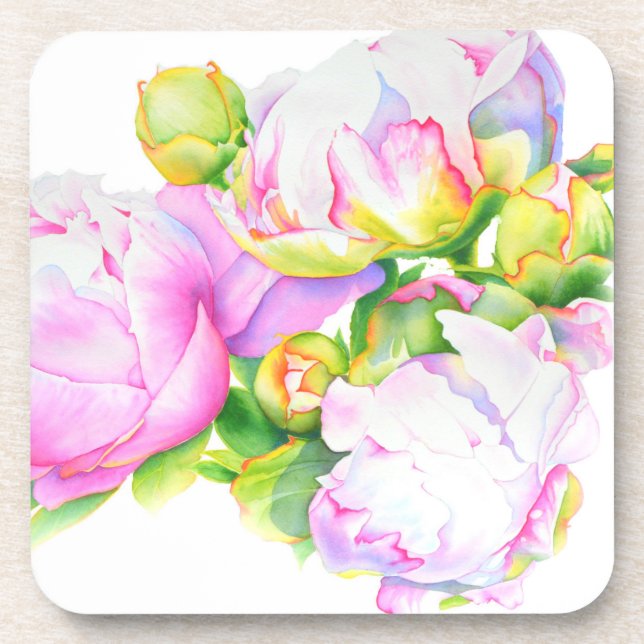 Dessous-de-verre Peonis, rose, blanc, aquarelle peinture florale (Devant)