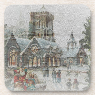 Dessous-de-verre Père Noël ancienne avec enfants devant une église