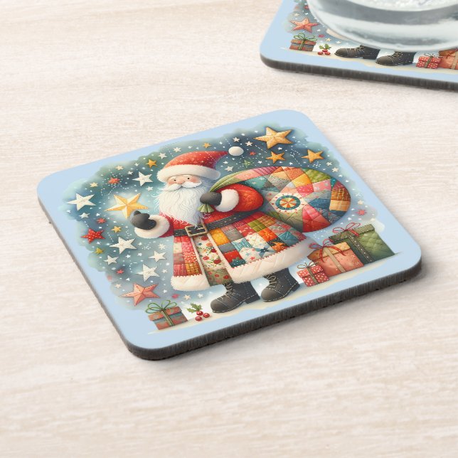Dessous-de-verre Père Noël en patchwork matelassé avec des étoiles  (Côté gauche)