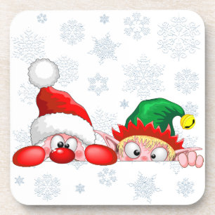 Dessous-de-verre Père Noël et Elfe Mignon et drôle de dessin animé
