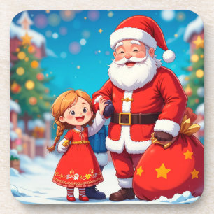 Dessous-de-verre Père Noël et fille avec un sac de cadeaux